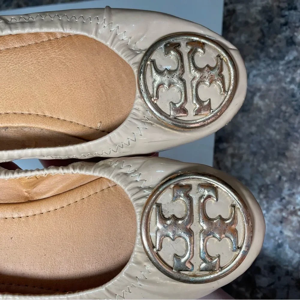 Tory Burch Tan Leather Round Toe Ballet Flats
